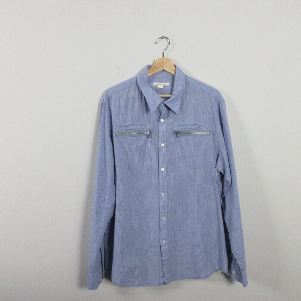 John Varvatos Button Up Shirt Men XXL Blue Micro Check Zipper Patch Pocket 194